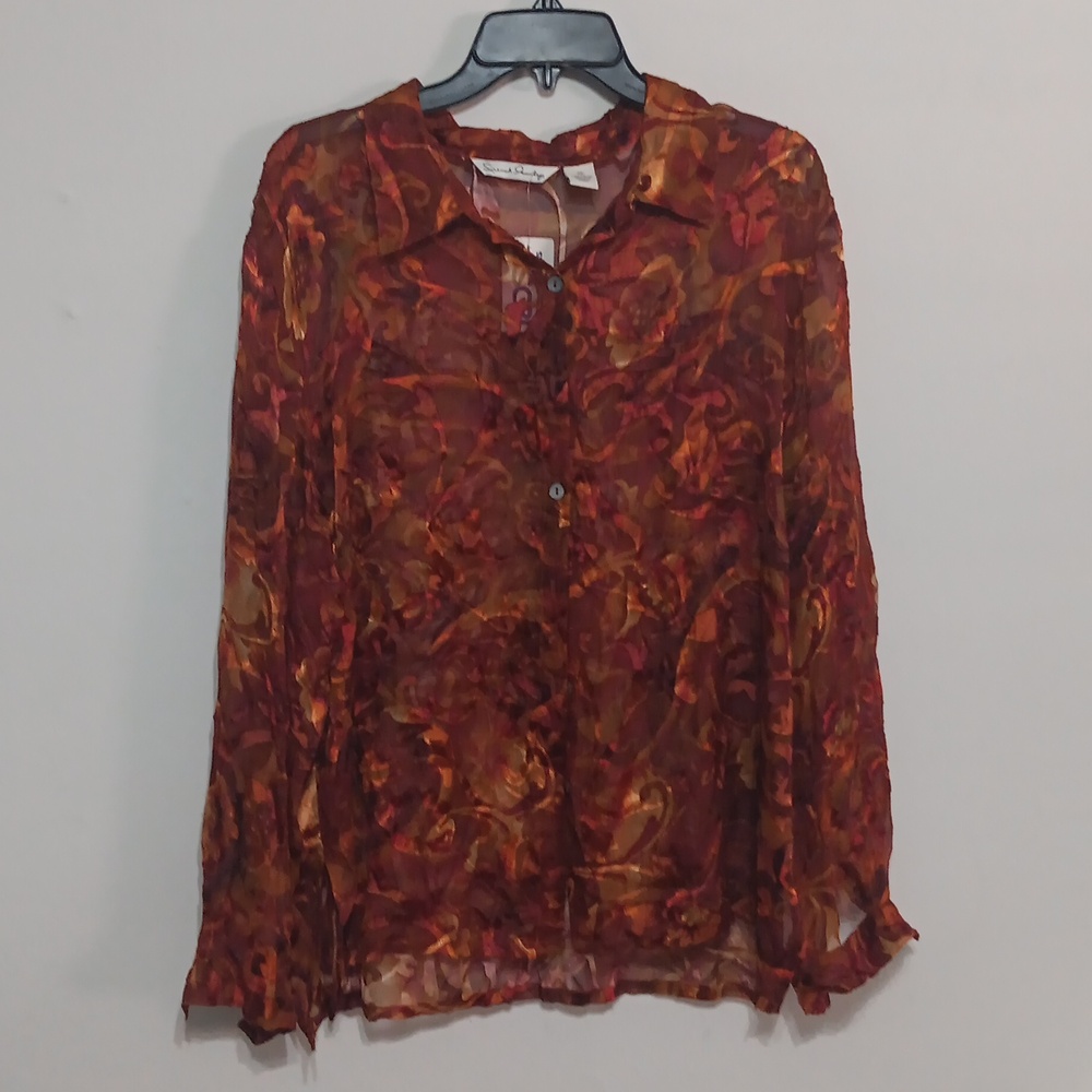 Sheer Floral Blouse Long-Sleeve Red and Orange